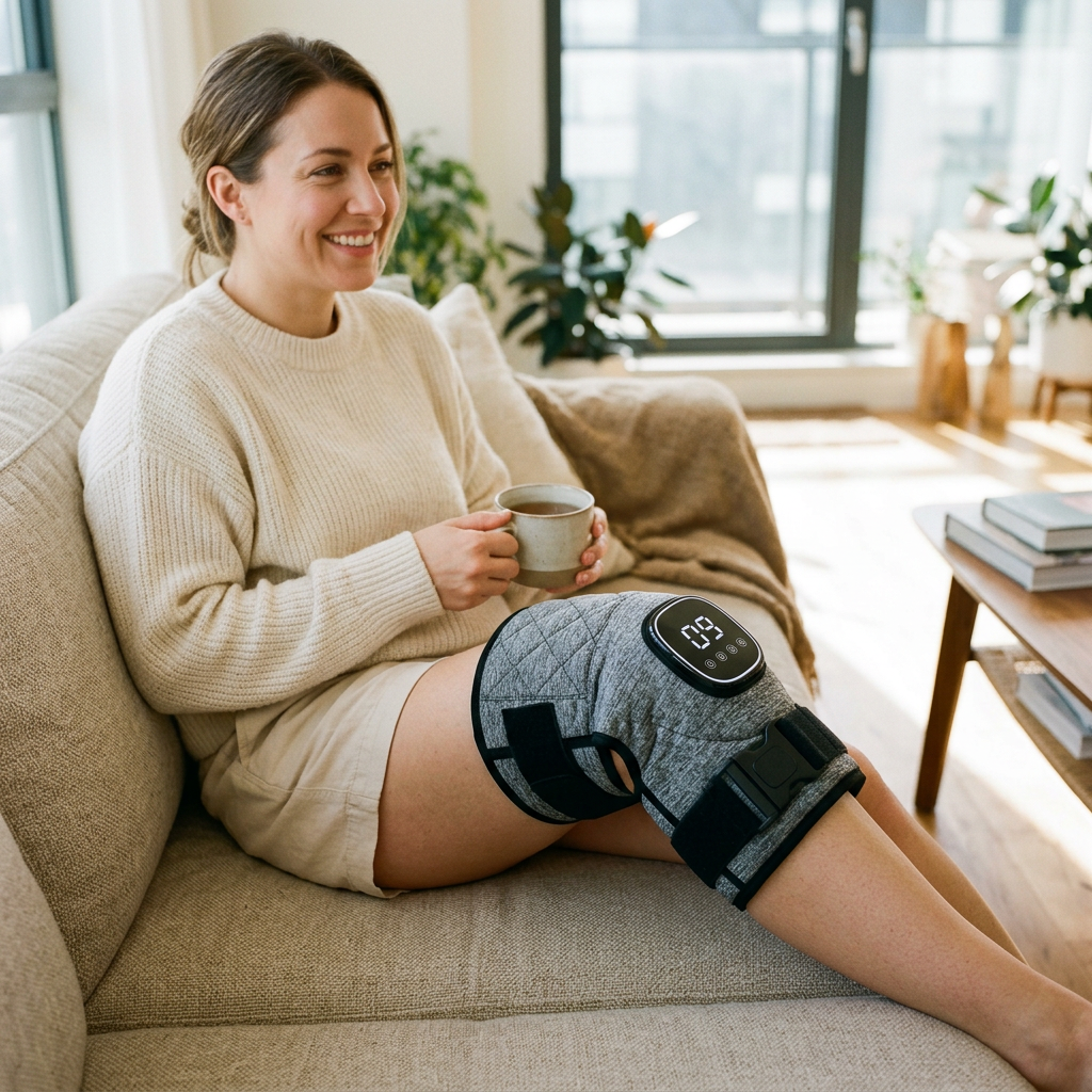 Woman relaxing on the sofa wearing the knee massager
