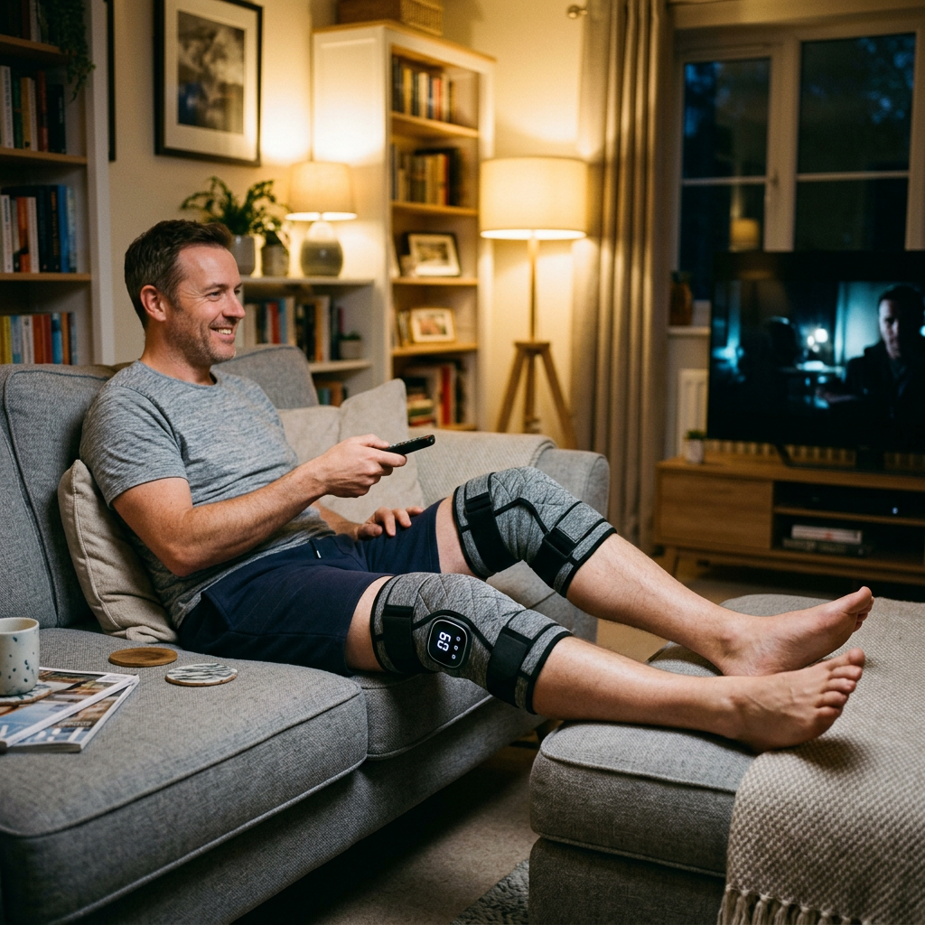 Two knee massagers worn on both knees while watching TV