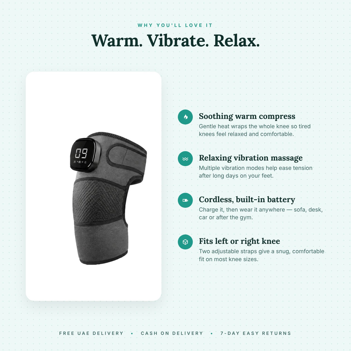 GI Fever Knee Massager benefits: soothing warm compress, relaxing vibration massage, cordless built-in battery, fits left or right knee