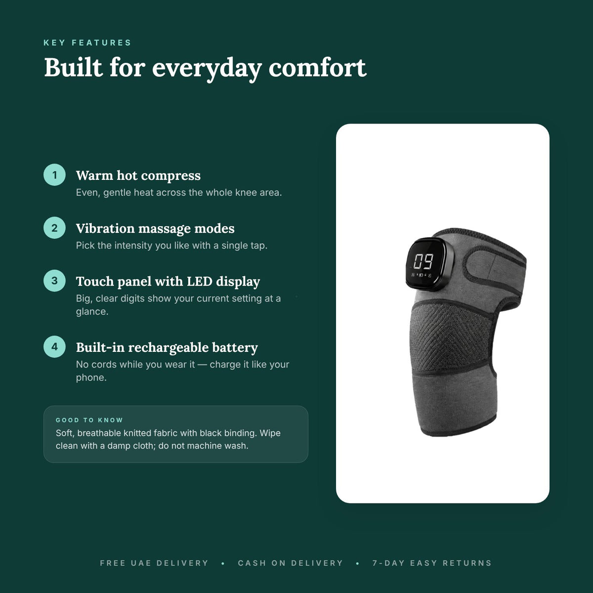 Key features: warm hot compress, vibration massage modes, touch panel with LED display, built-in rechargeable battery