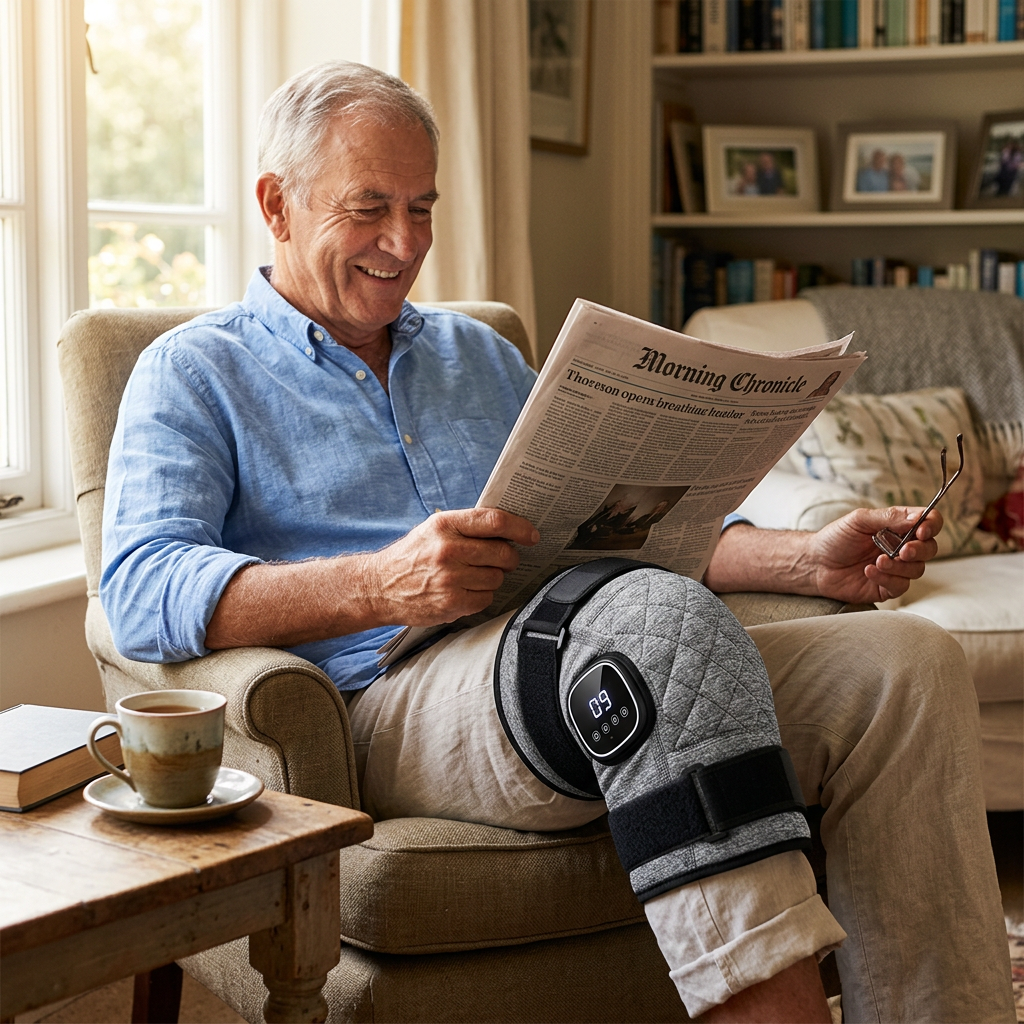 Senior man relaxing in an armchair with the knee massager